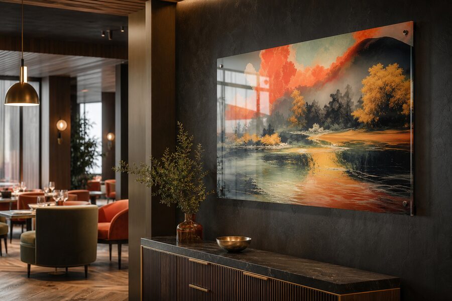 Grand tirage sur plexiglass brillant dans une salle de restaurant
