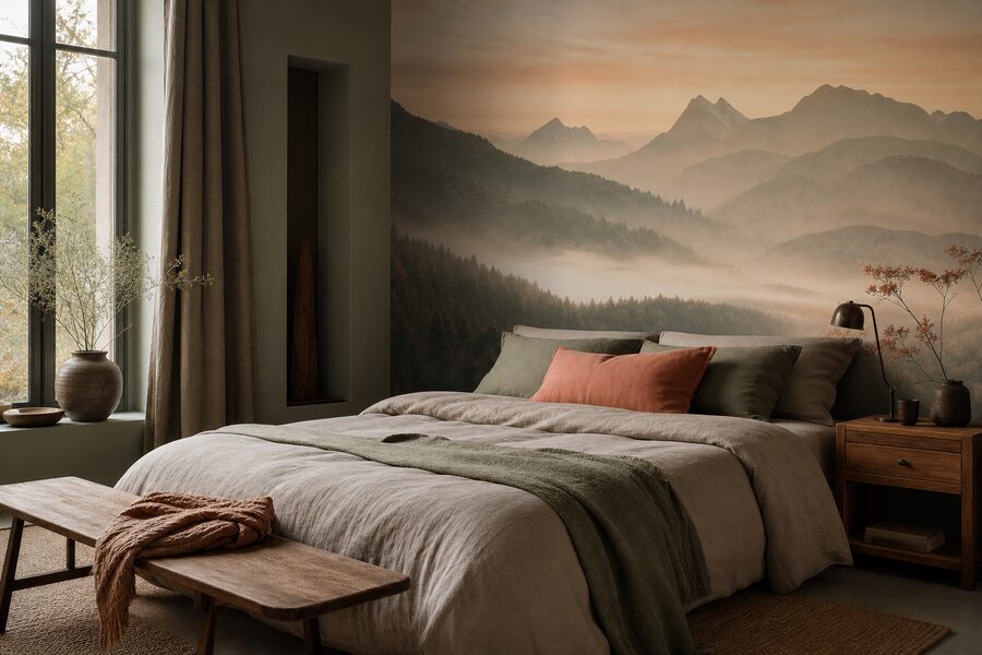 Chambre avec fresque personnalisée d'un paysage de montagne