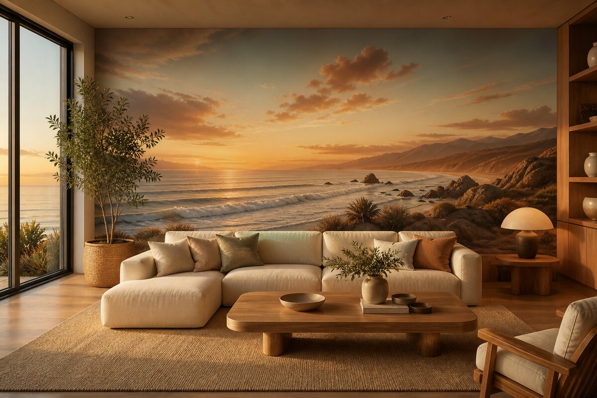 Salon avec papier peint personnalisé — coucher de soleil en bord de mer