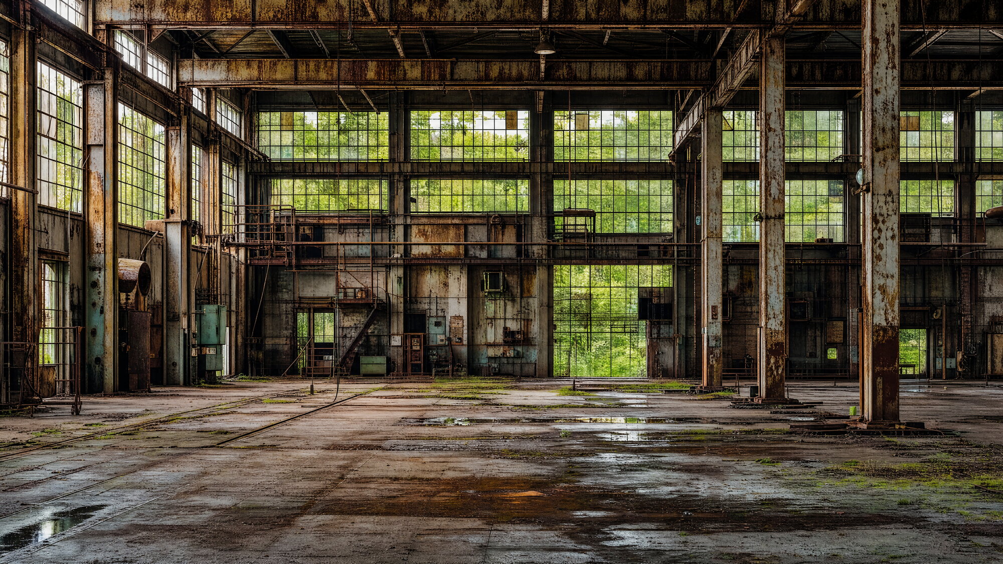 Papier peint industriel usine désaffectée fenêtres rouille