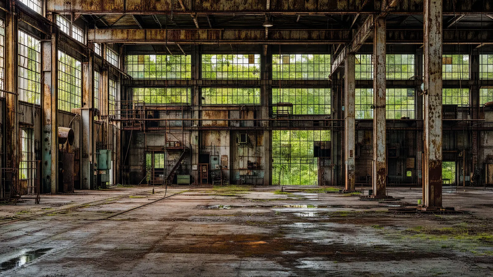 Papier peint industriel usine désaffectée fenêtres rouille