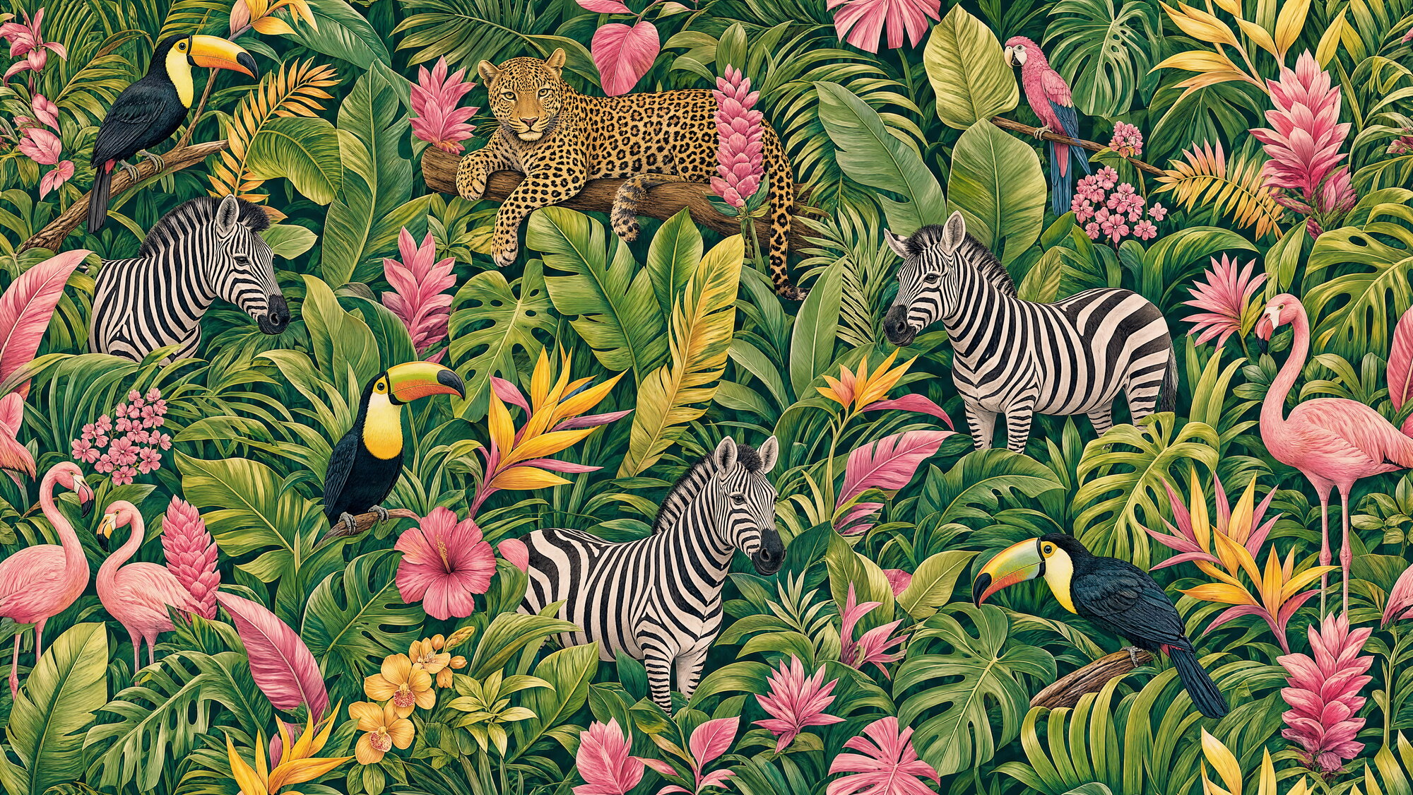 Papier peint jungle exotique avec zèbres et toucans verts et roses