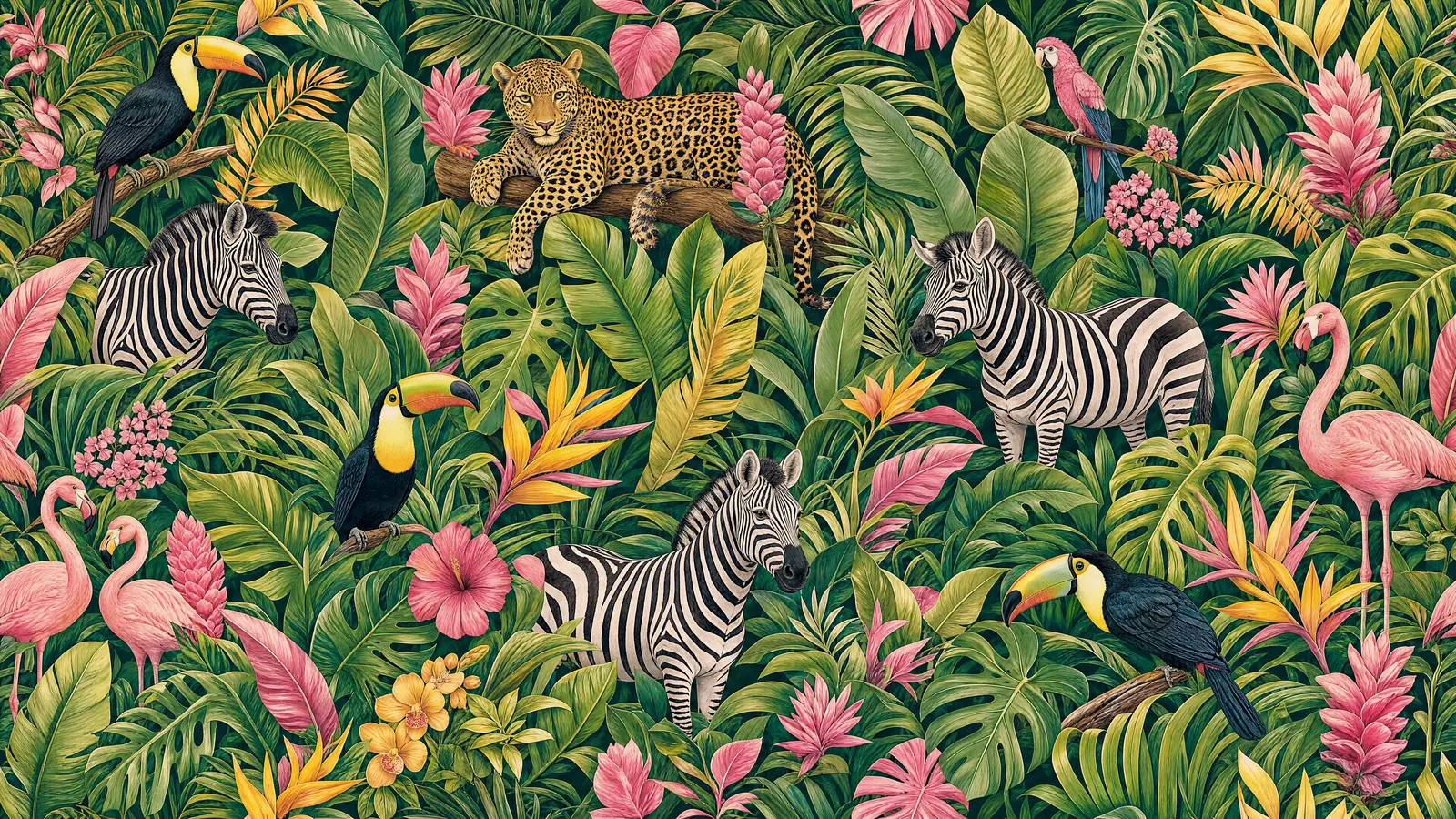 Papier peint jungle exotique avec zèbres et toucans verts et roses