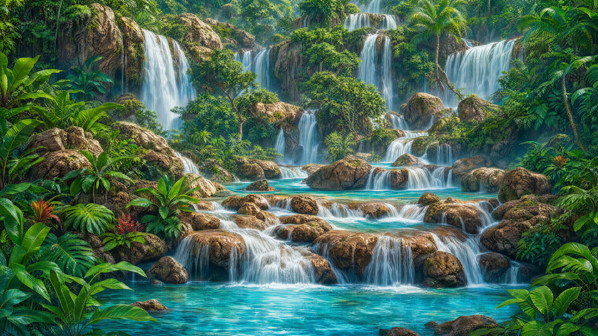 Papier peint Cascade tropicale roches émeraude