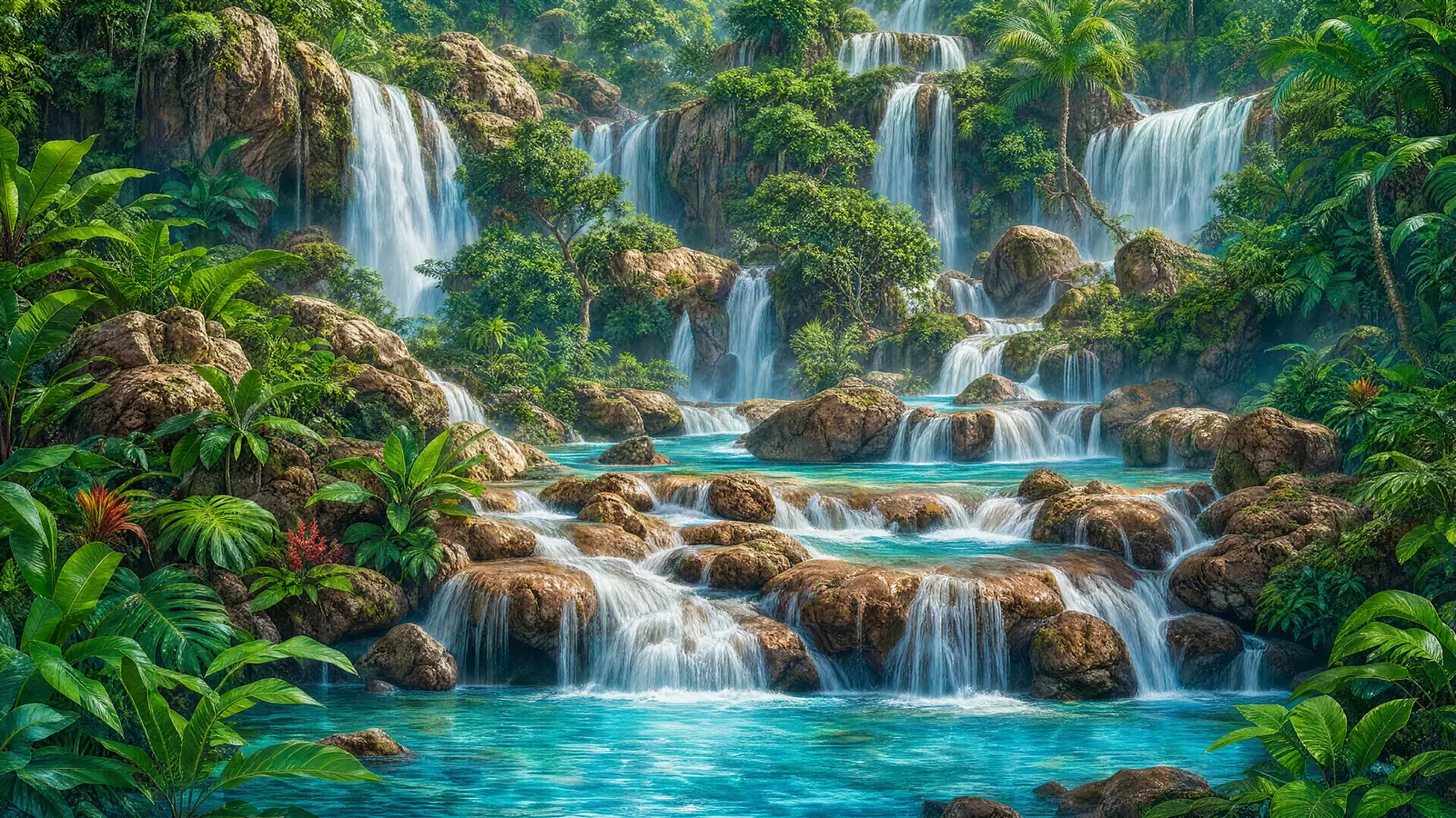Papier peint Cascade tropicale roches émeraude