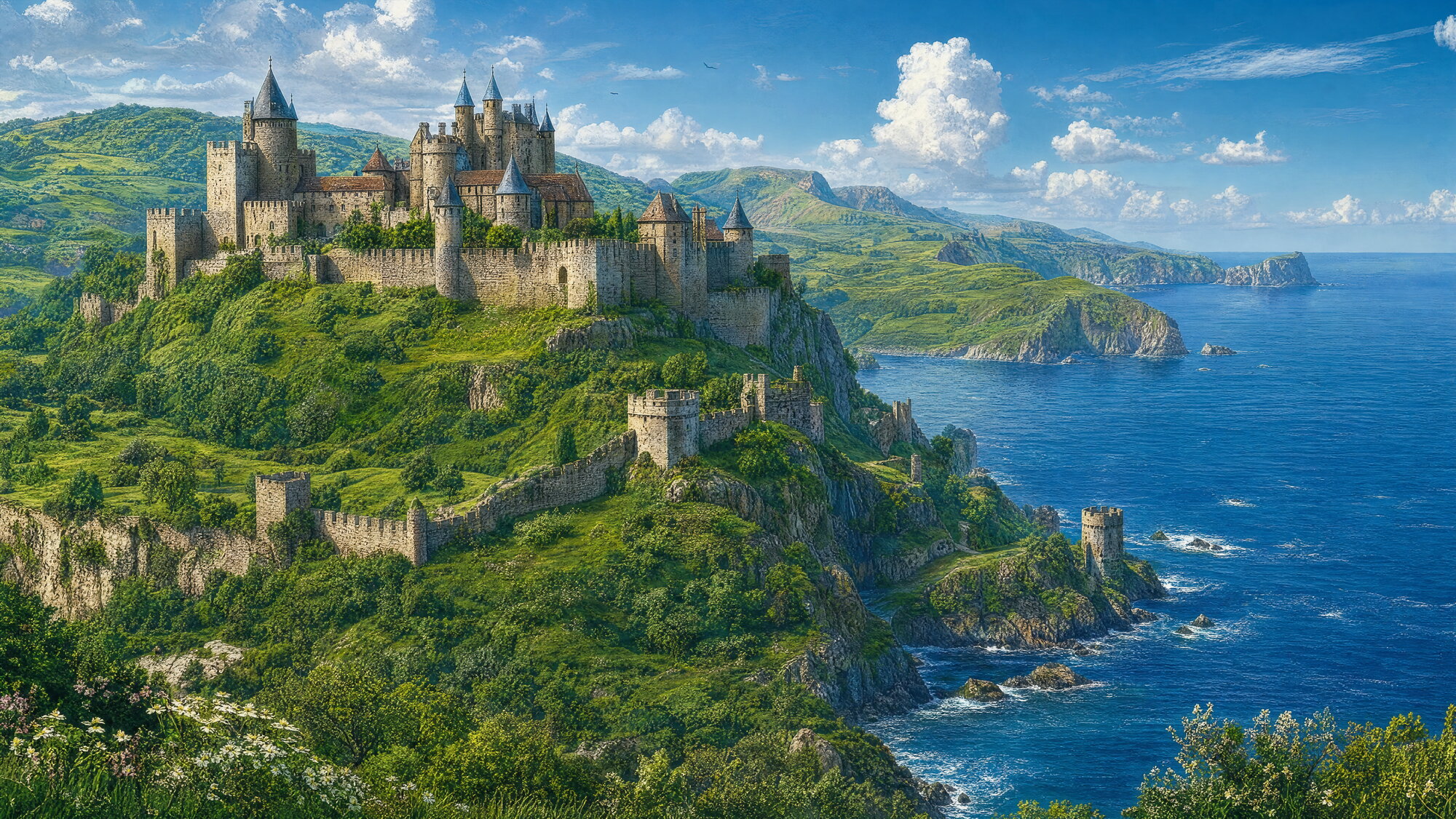 Papier peint château médiéval sur falaises verdoyantes