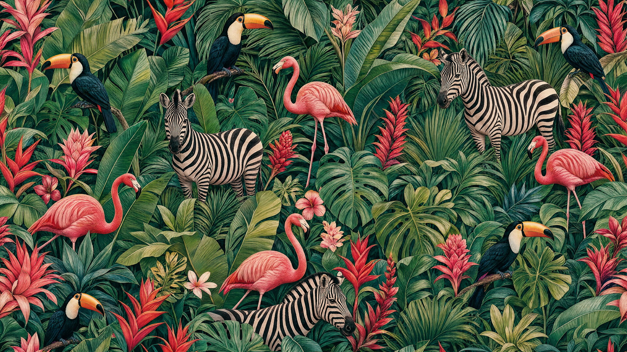 Papier peint panoramique exotique jungle et animaux verts