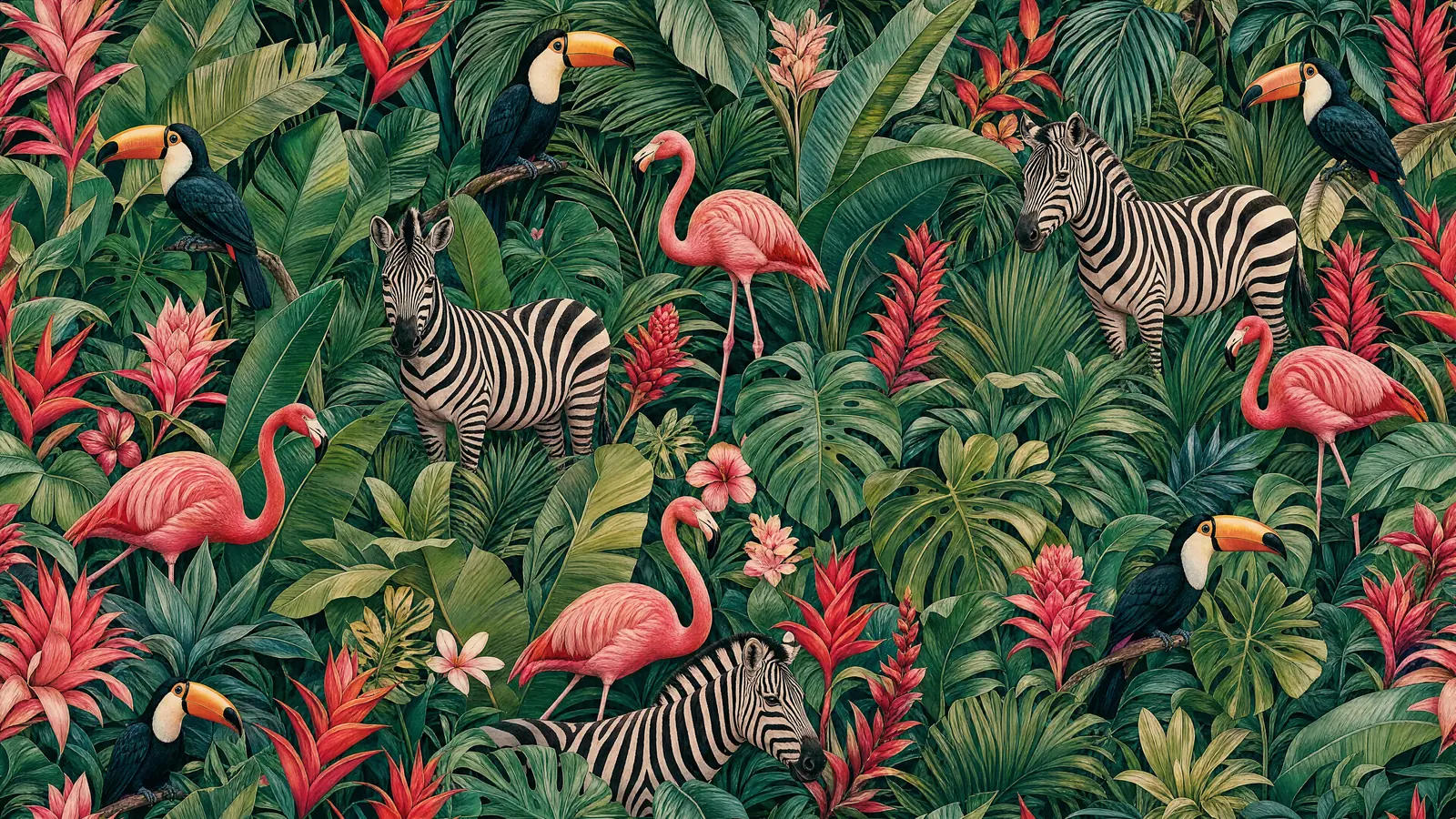 Papier peint panoramique exotique jungle et animaux verts