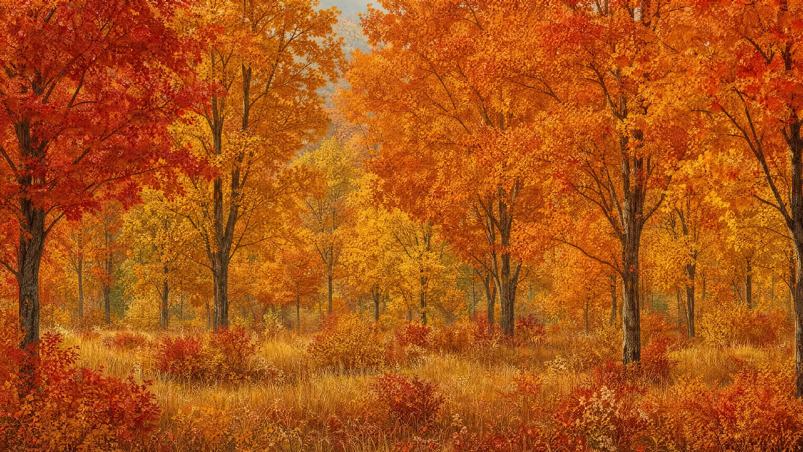 Papier peint forêt automnale feuillage orange doré