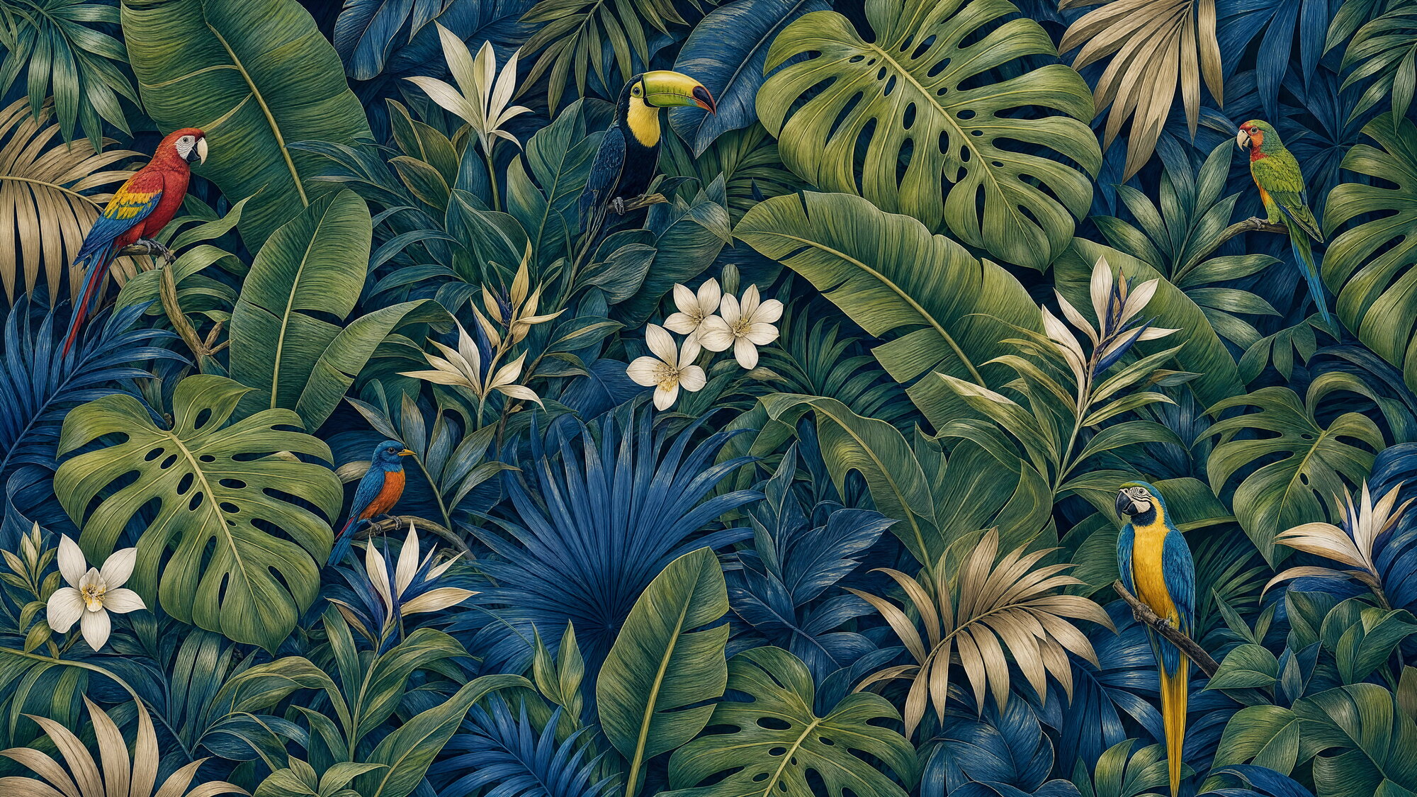 Papier peint jungle tropicale aux oiseaux bleus et verts