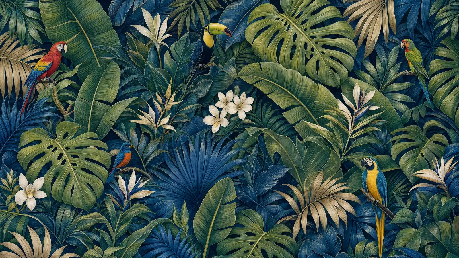 Papier peint jungle tropicale aux oiseaux bleus et verts