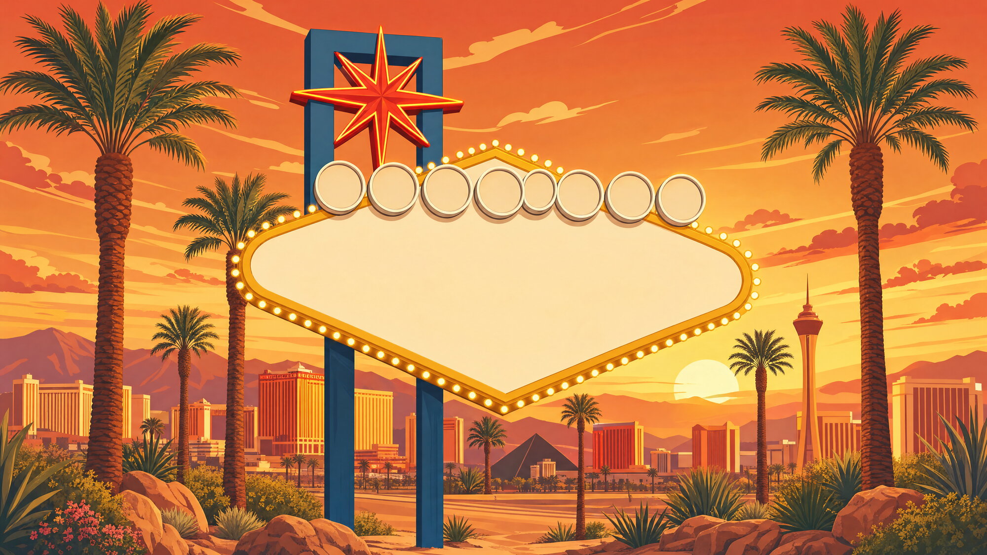 Papier peint panoramique Las Vegas rétro palmiers dorés