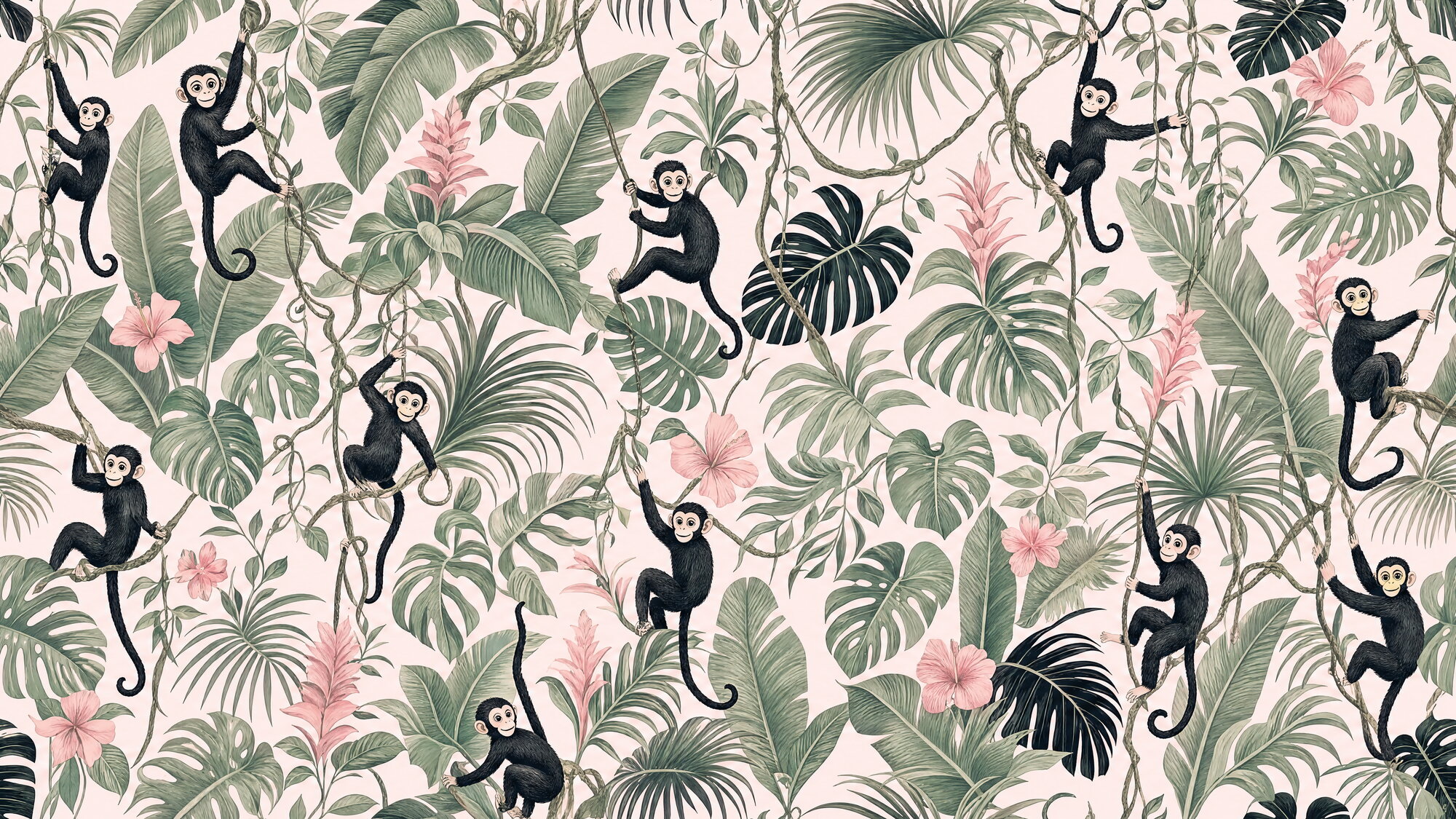 Papier peint singes tropicaux et feuillages vert sauge