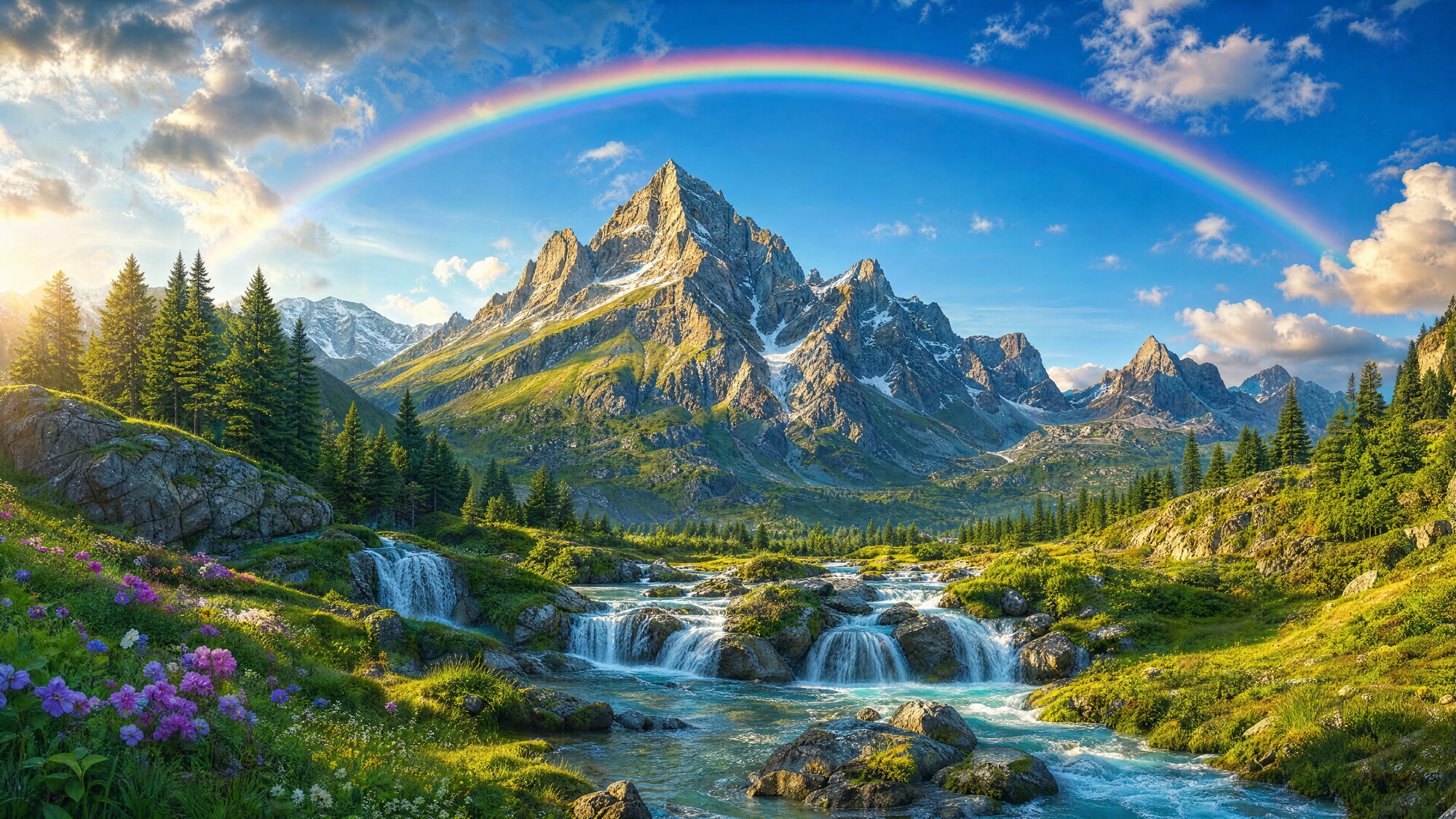 Papier peint panorama montagne cascade et arc-en-ciel