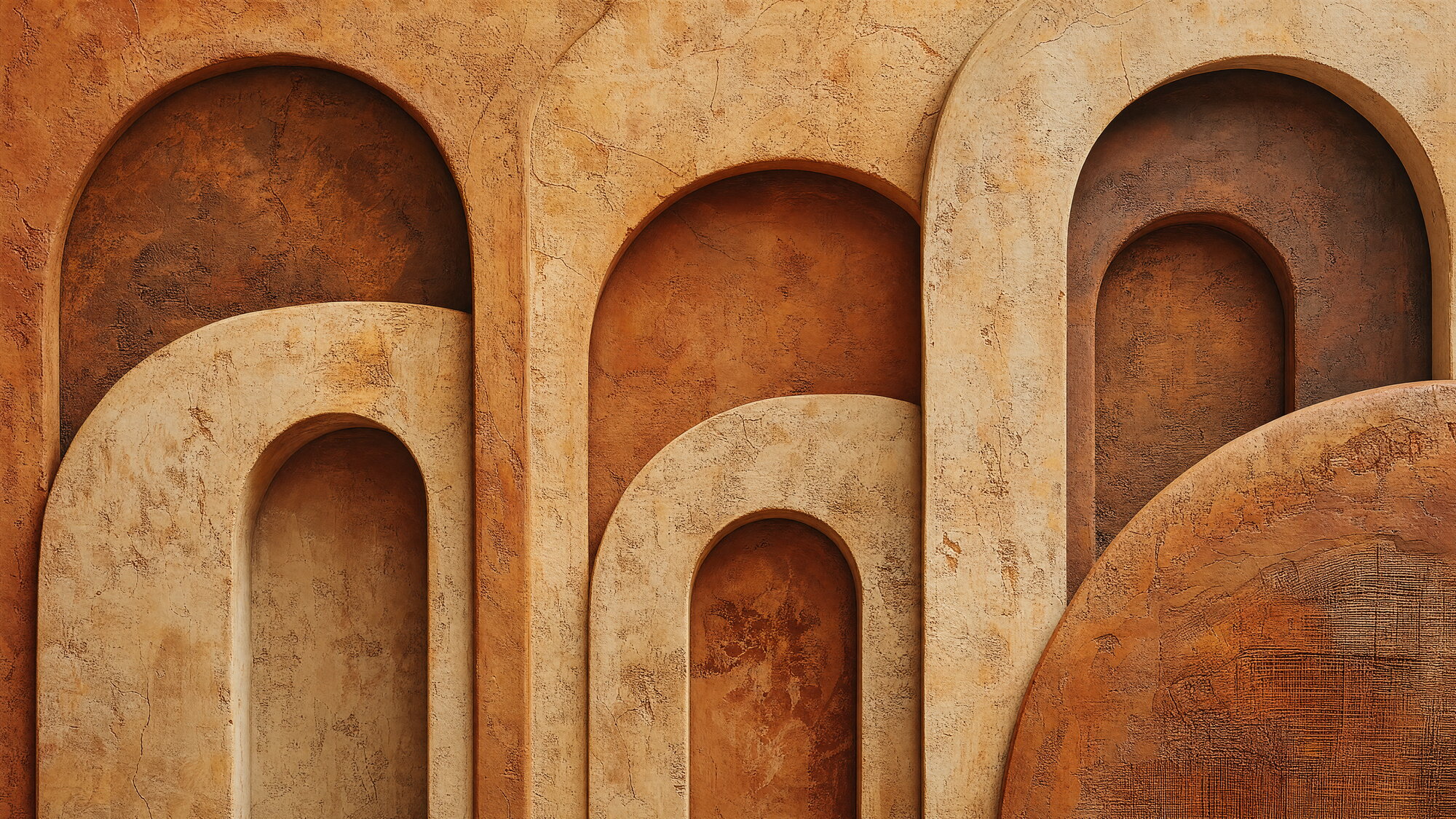 Papier peint panoramique Arches texturées en raphia & chaux