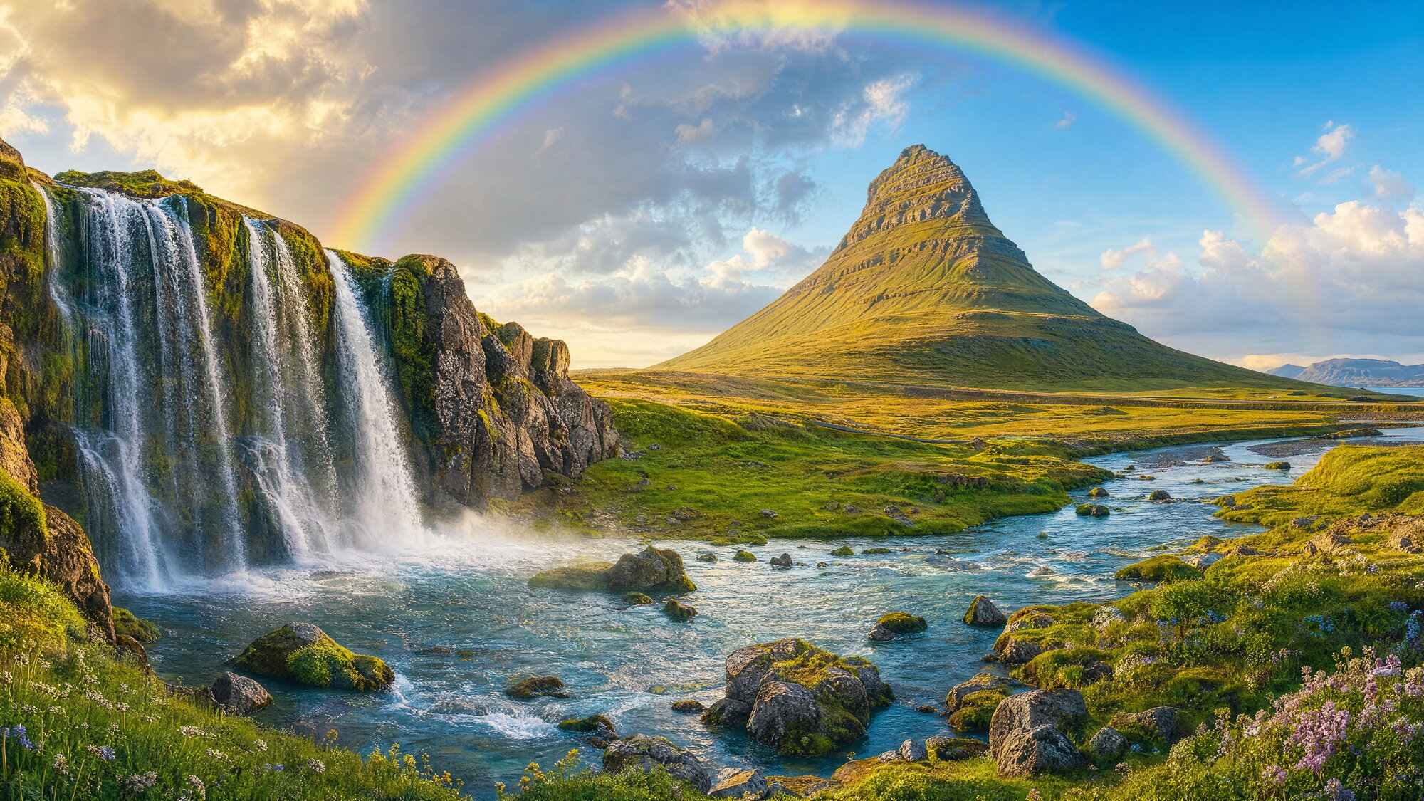 Papier peint panoramique cascade et arc-en-ciel en montagne