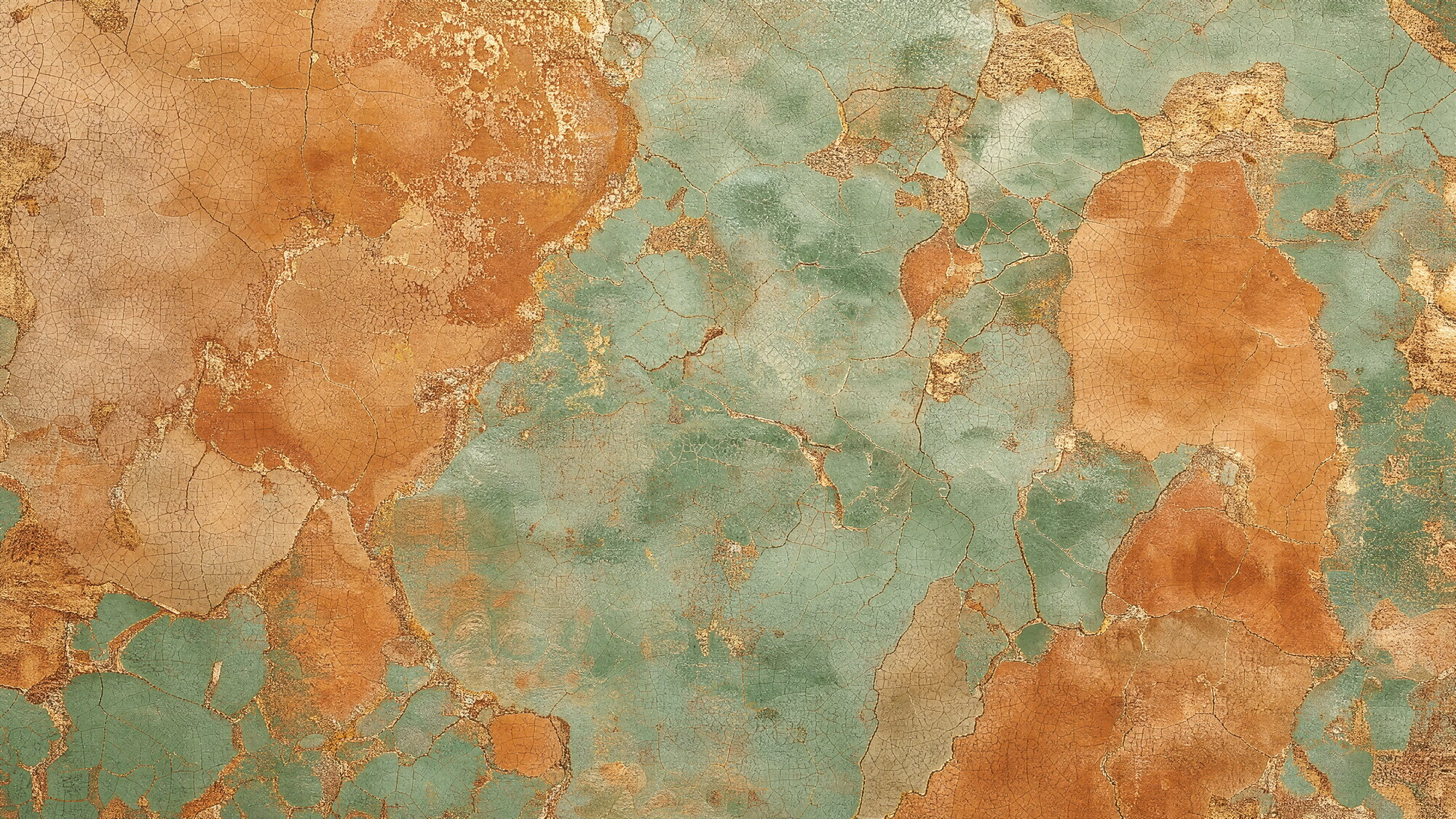 Papier peint panoramique céramique craquelée métallisée terracotta & céladon