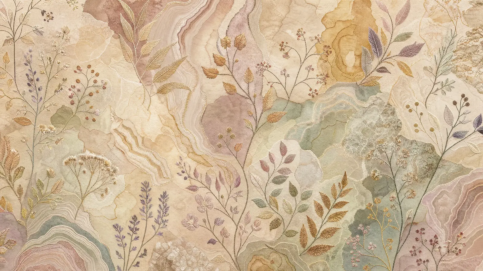 Papier peint panoramique Contours minéraux pastel & broderie botanique