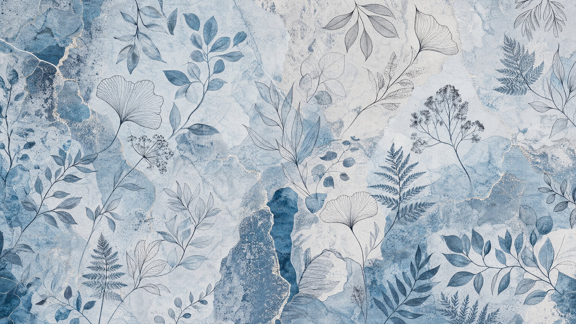 Papier peint panoramique Gravures botaniques bleu minéral