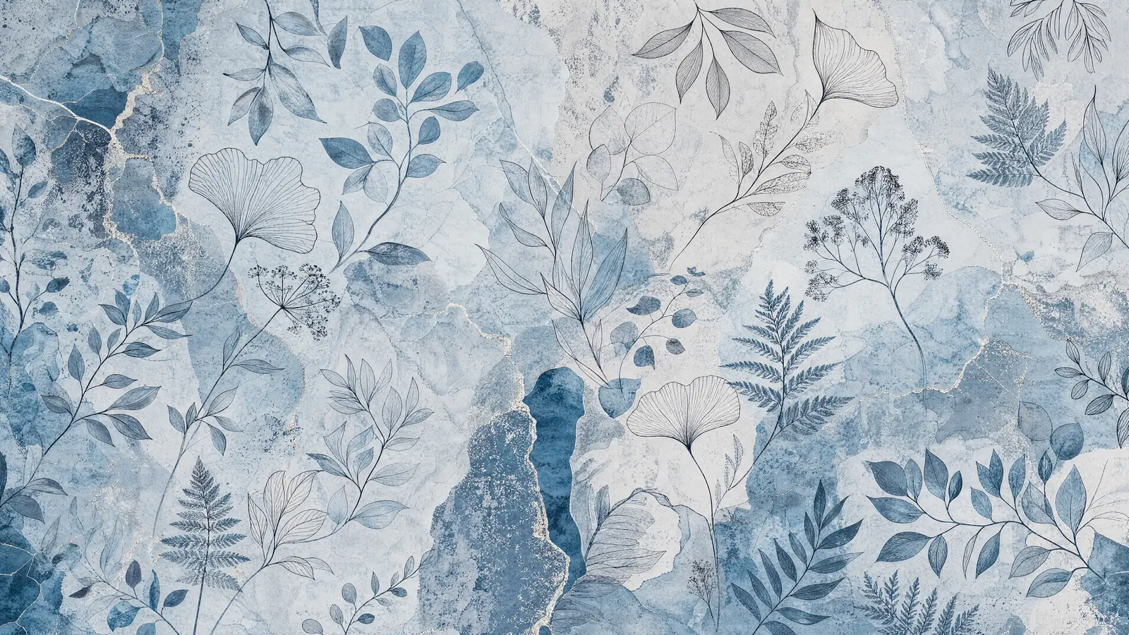 Papier peint panoramique Gravures botaniques bleu minéral
