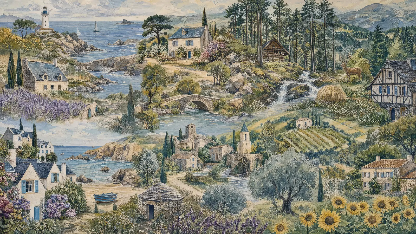 Papier peint panoramique IA Fresque étendues françaises