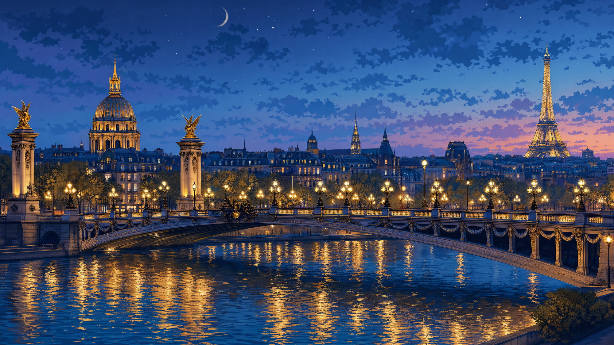 Papier peint panoramique Nuit parisienne Pont éclairé