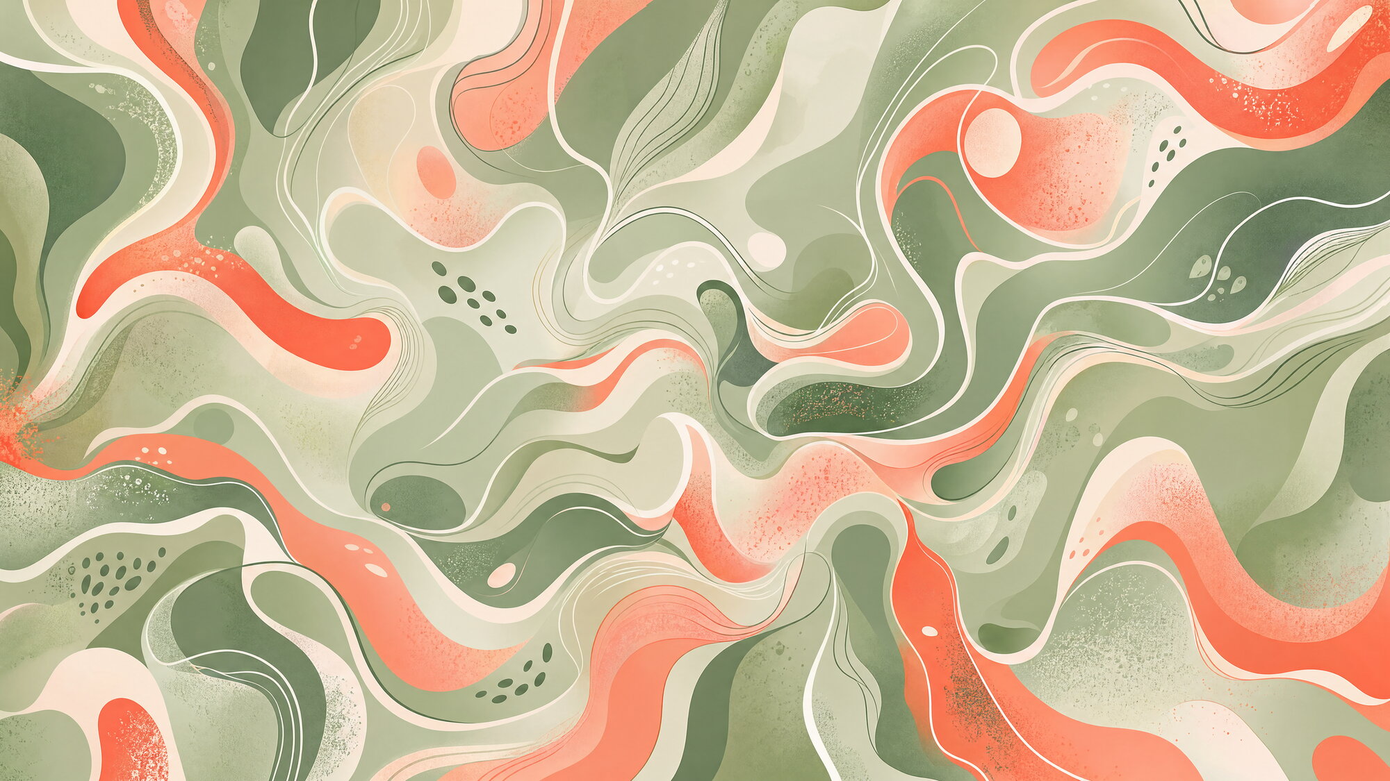 Papier peint panoramique organique vert sauge et corail