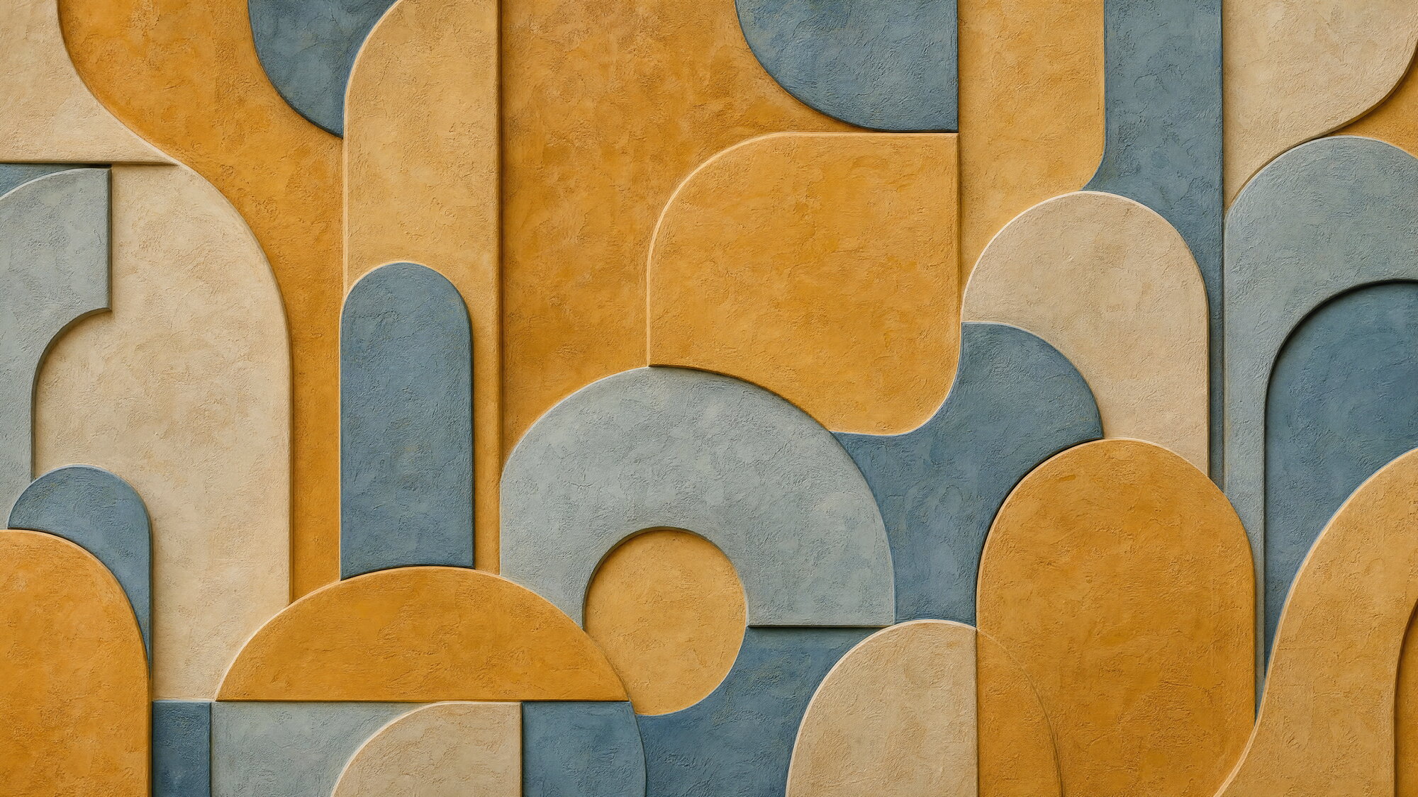 Papier peint panoramique Relief Tadelakt ocre et bleu-grisé