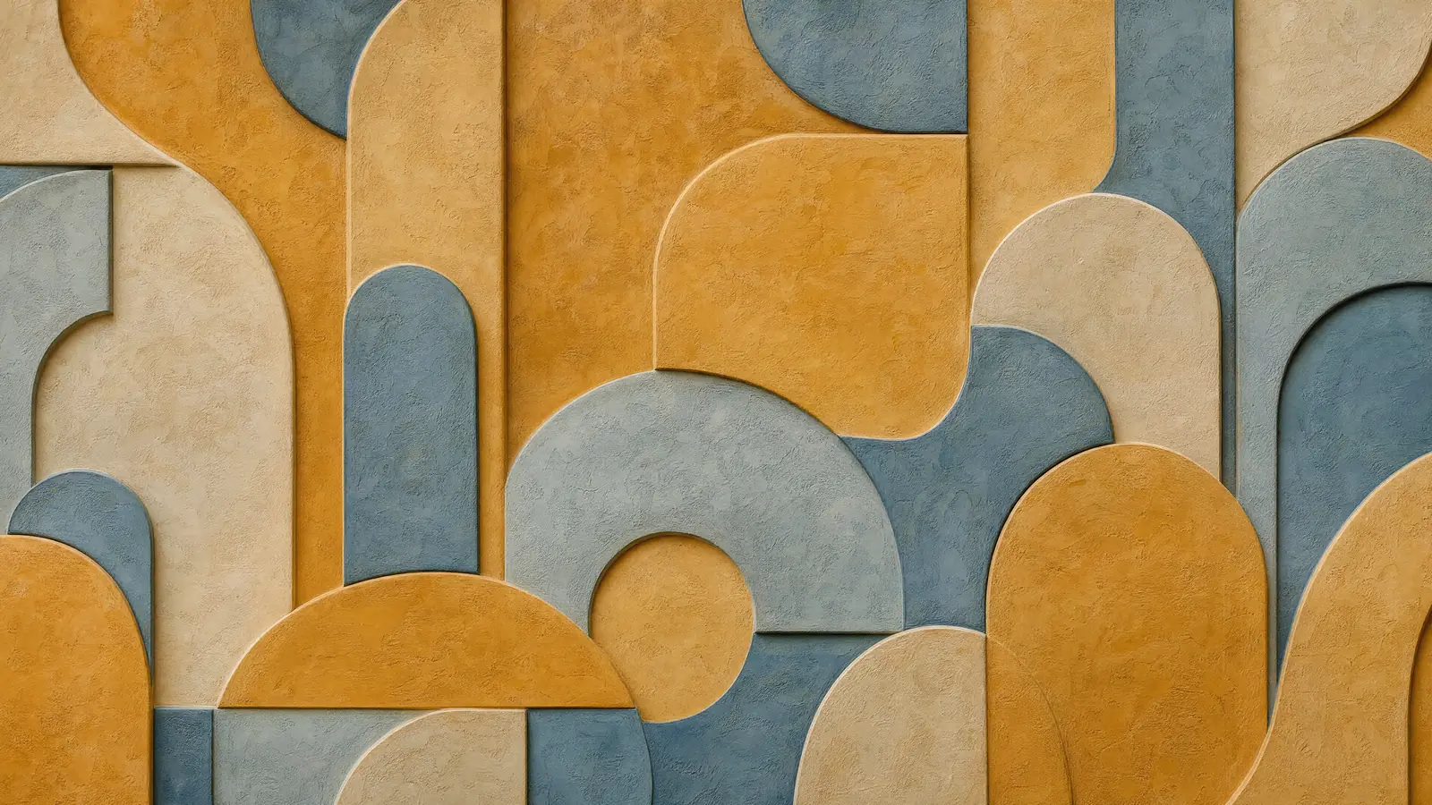 Papier peint panoramique Relief Tadelakt ocre et bleu-grisé
