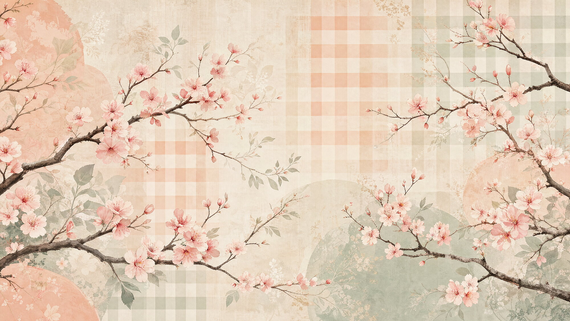 Papier peint panoramique Sakura & Vichy minimaliste