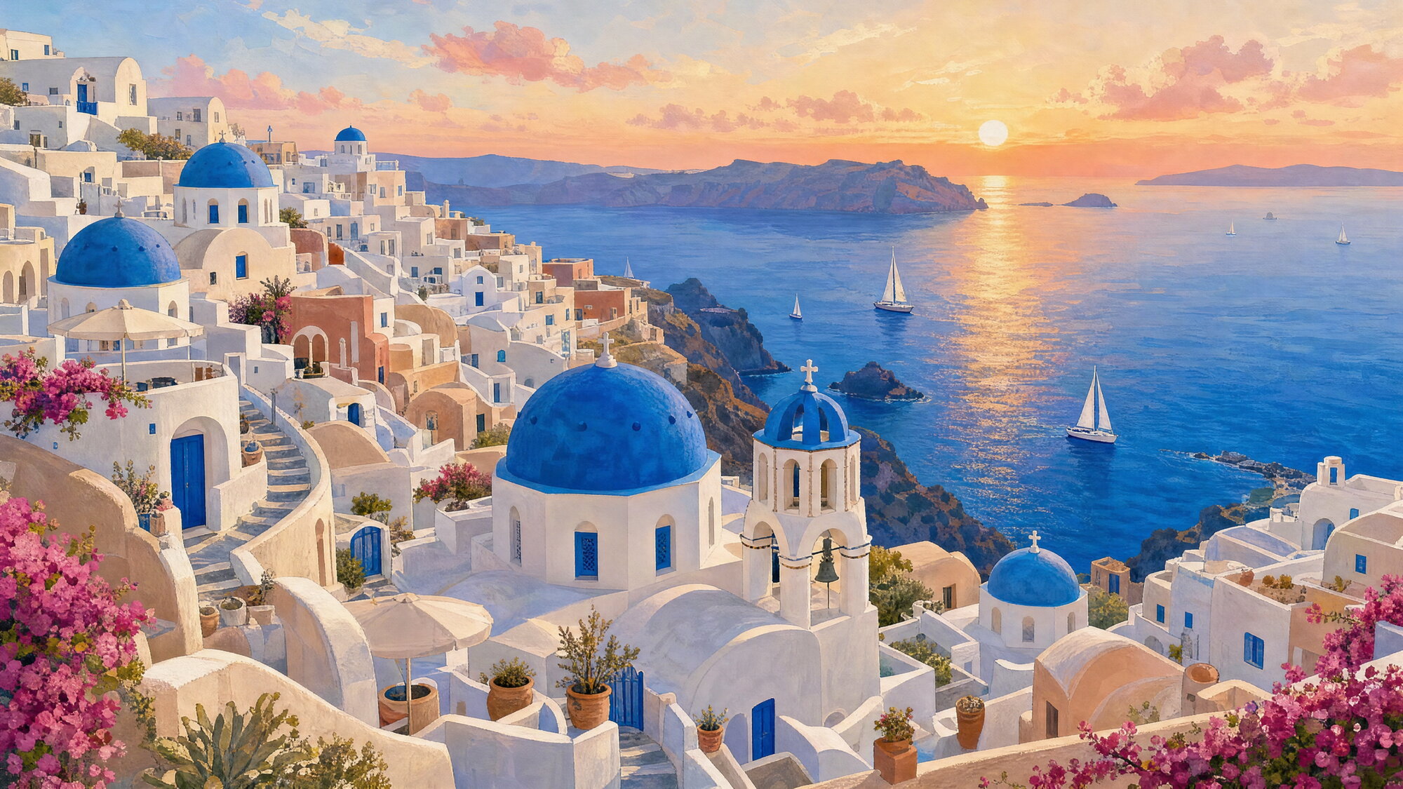 Papier peint panoramique Santorin dôme bleu coucher soleil