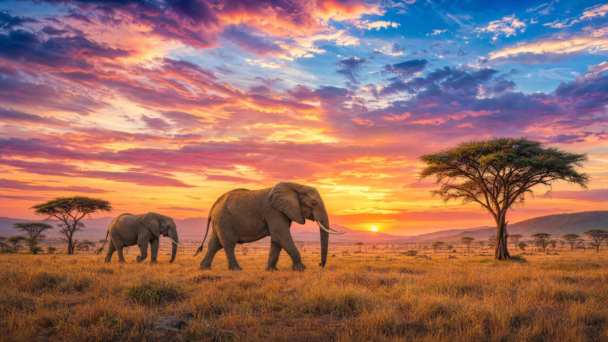 Papier peint panoramique savane africaine éléphants coucher de soleil