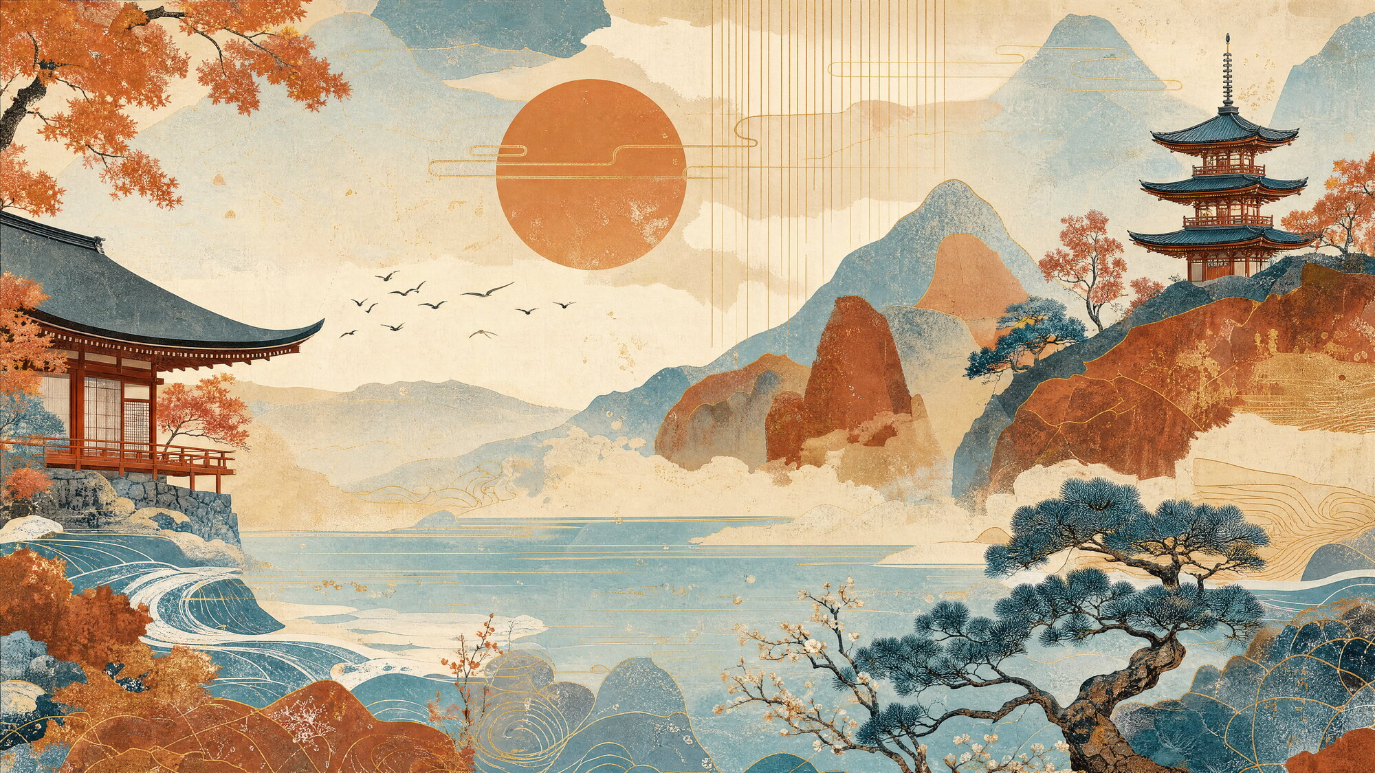 Papier peint panoramique Scène rétro-japonaise minimaliste