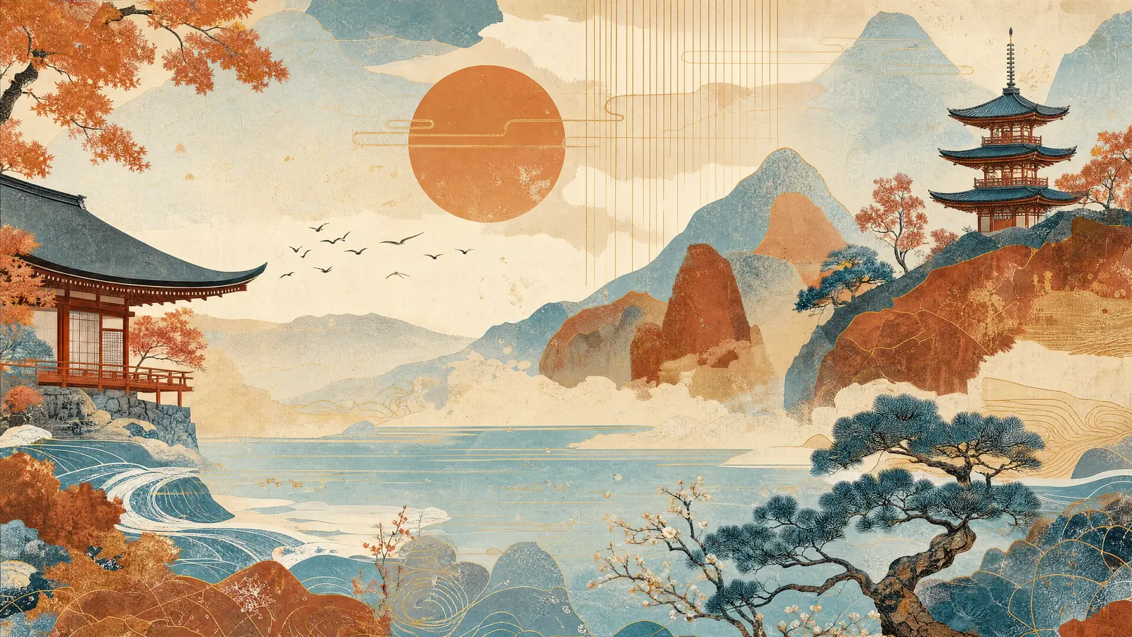 Papier peint panoramique Scène rétro-japonaise minimaliste