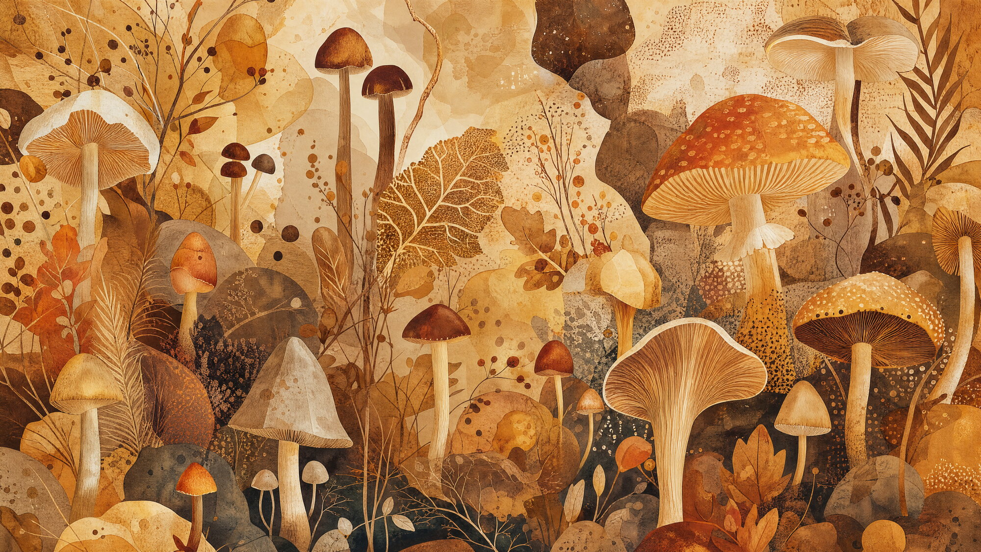 Papier peint panoramique Silhouettes cinétiques de champignons sous-bois