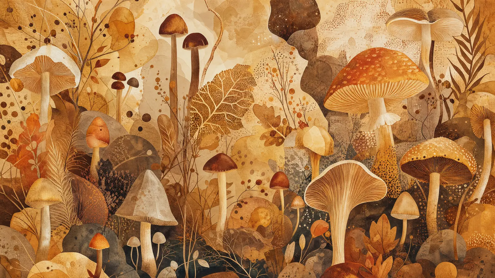 Papier peint panoramique Silhouettes cinétiques de champignons sous-bois