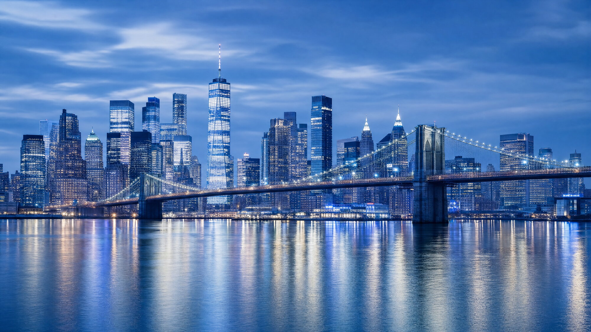 Papier peint panoramique skyline urbaine pont lumineux bleuté