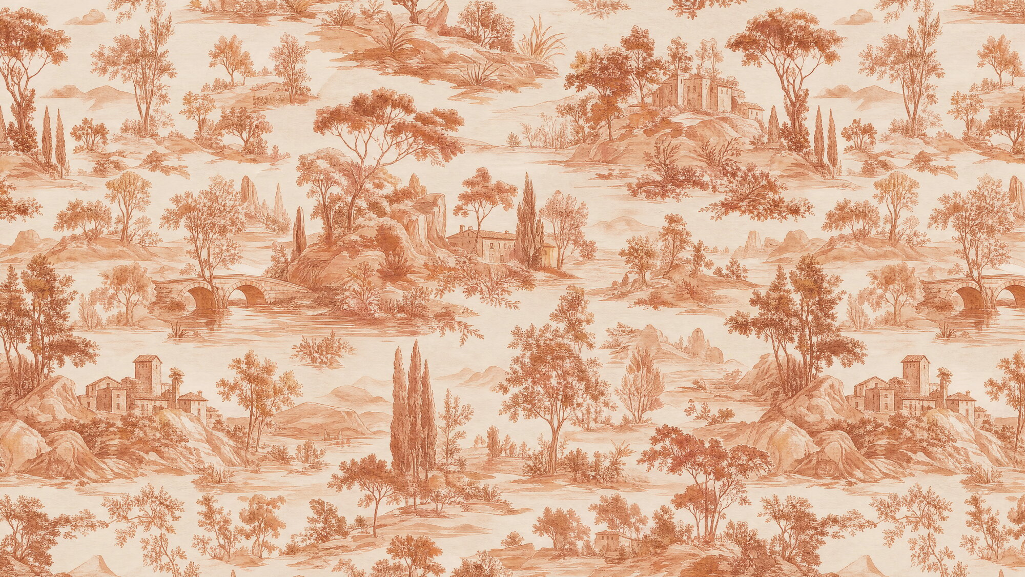 Papier peint panoramique Toile de Jouy bichromie terracotta ou vert sauge