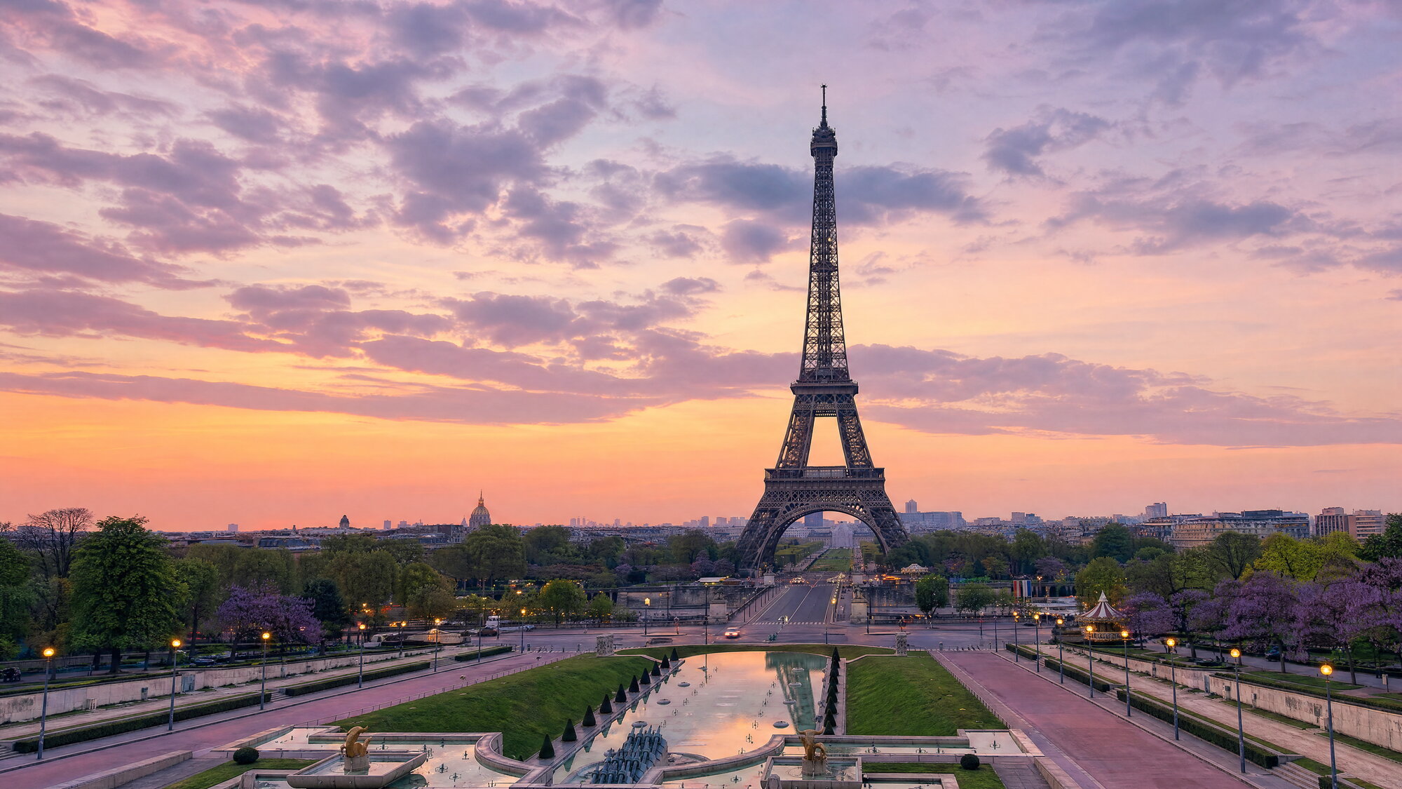 Papier peint panoramique Tour Eiffel Trocadéro coucher de soleil