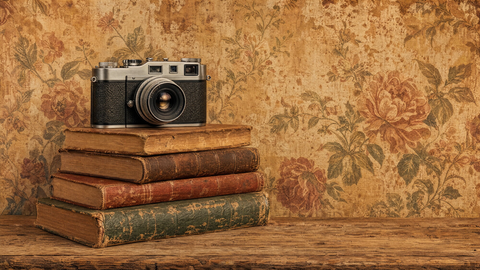 Papier peint rétro appareil photo et livres anciens