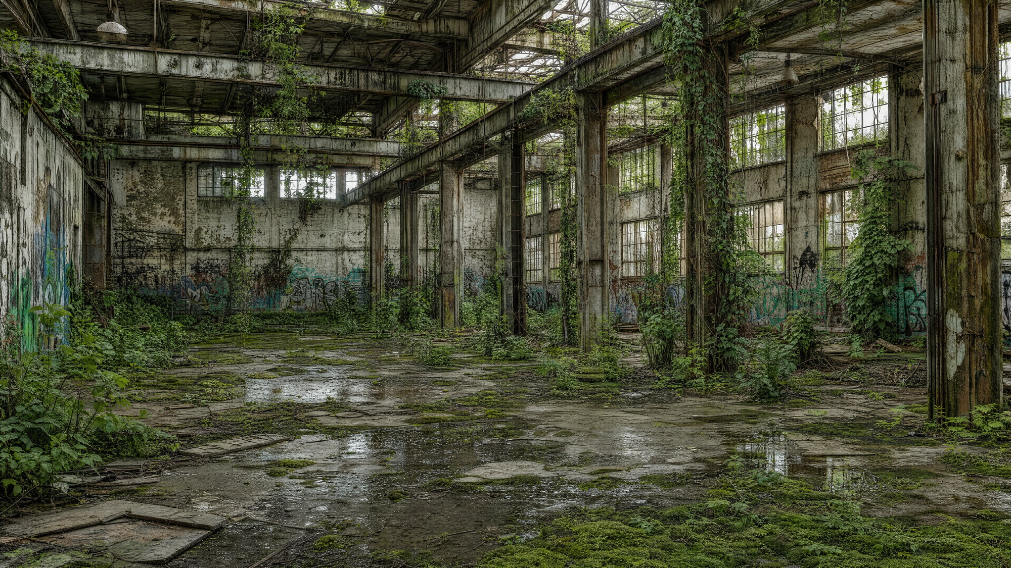Papier peint urbain usine abandonnée et végétation