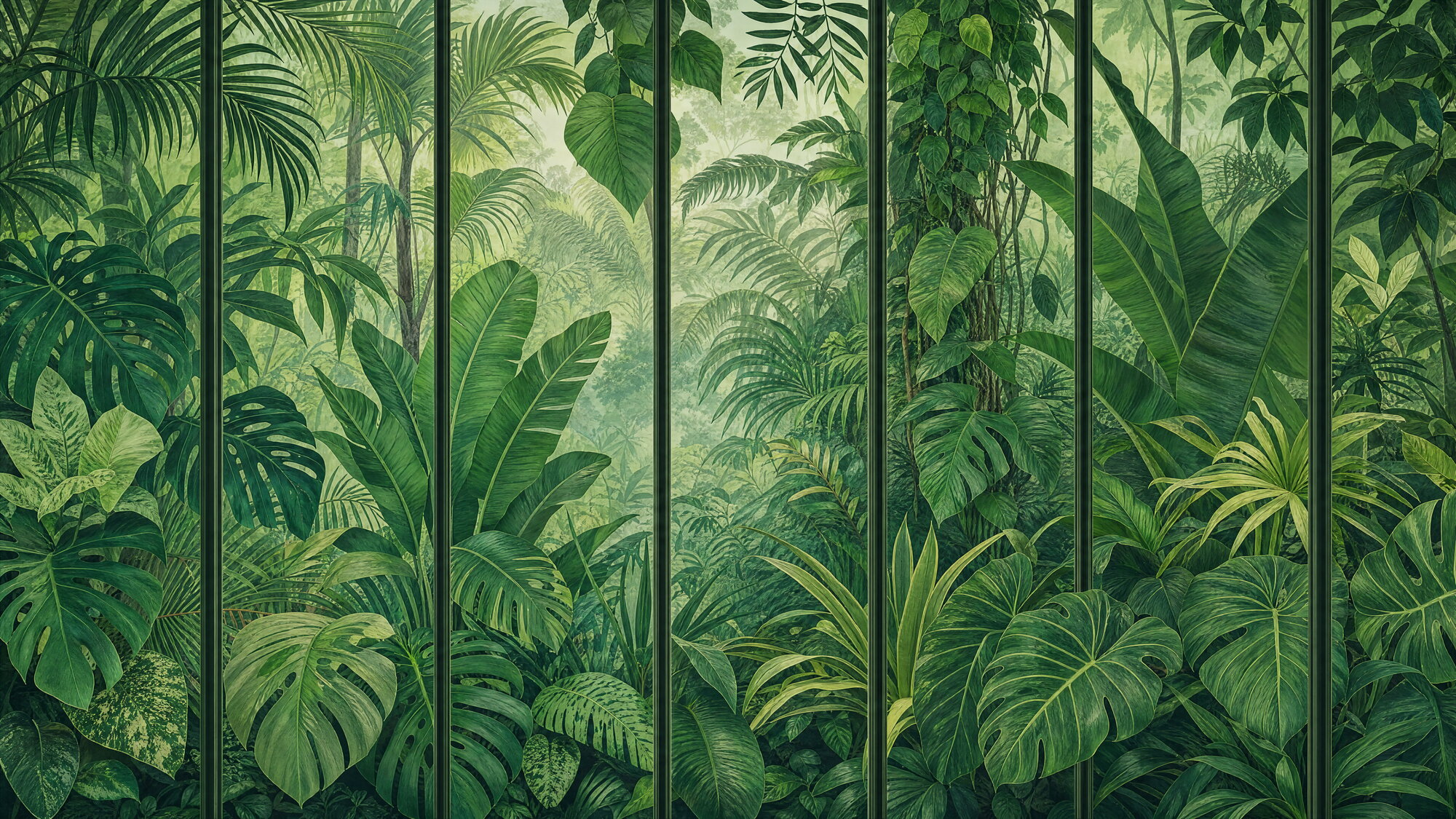 Papier peint verrière végétale jungle exotique verte